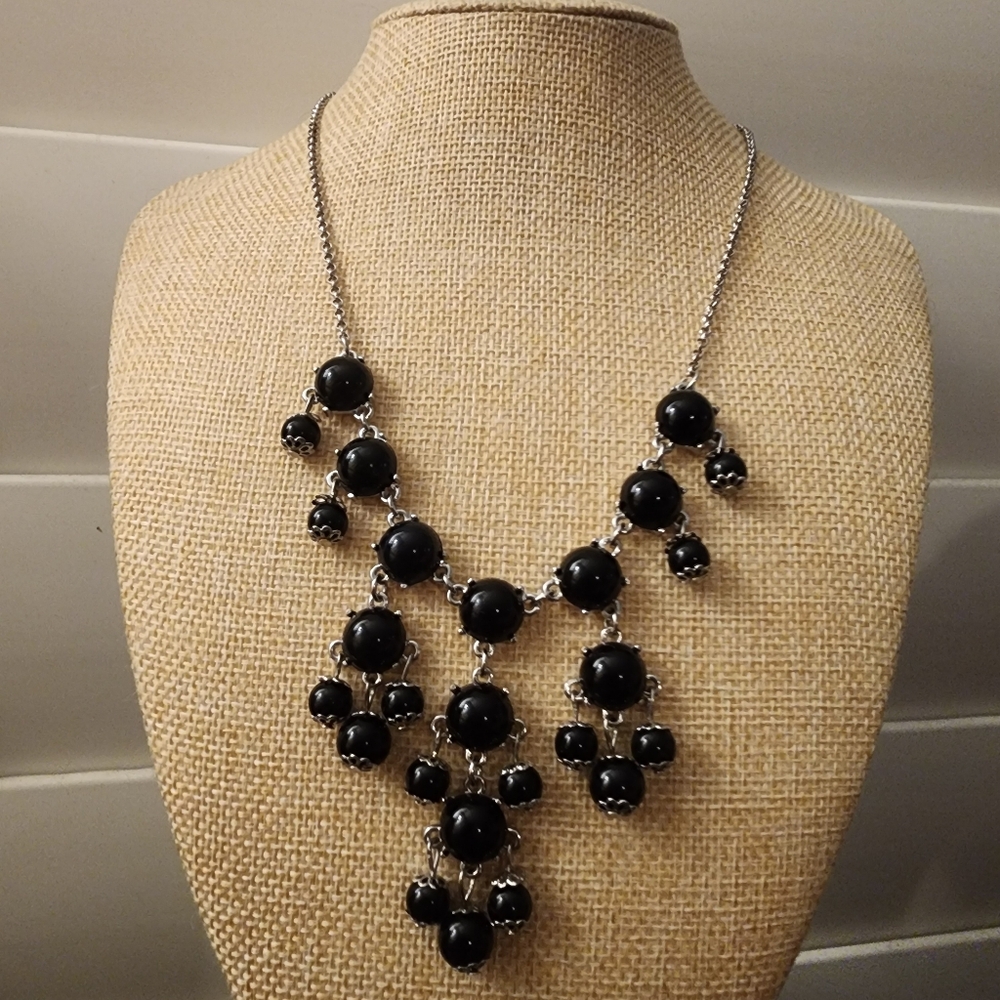 Black Bubble Bib Statement Necklace Silver-Tone Cluster Dangle Acrylic